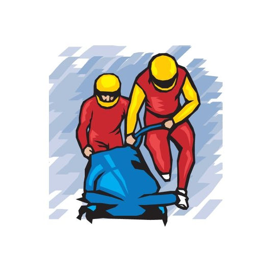 Bobsled team sticker with two athletes in red suits, yellow helmets and blue sled