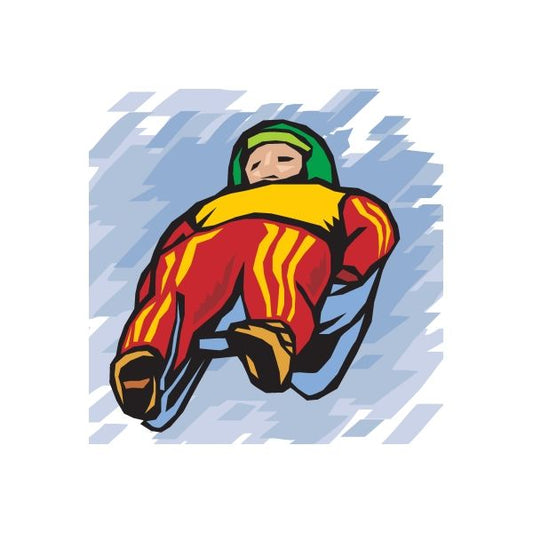 Luge rider sticker, red and yellow racer with green helmet, lightning background