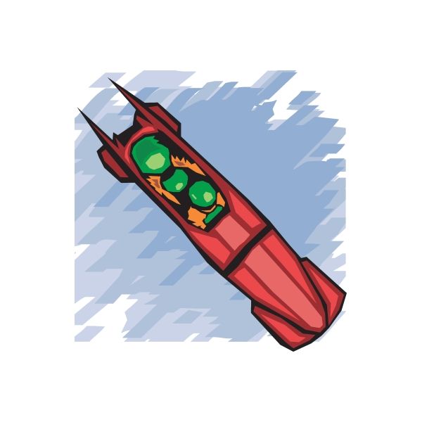 Red bobsled sticker with racing sled and colorful occupants