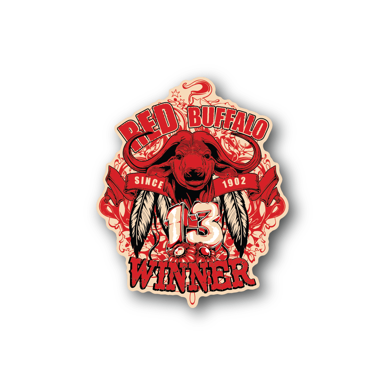 Red buffalo winner vinyl sticker with bold graphic and “Winner” text