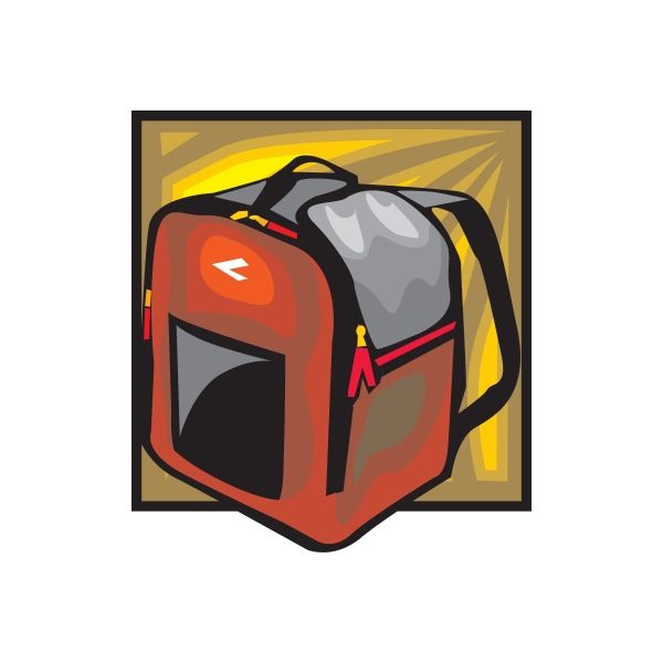 Red camping backpack sticker with outlined front pocket and strap