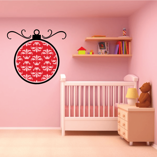 Red ornament printed die-cut decal with swirling border and patterned oval
