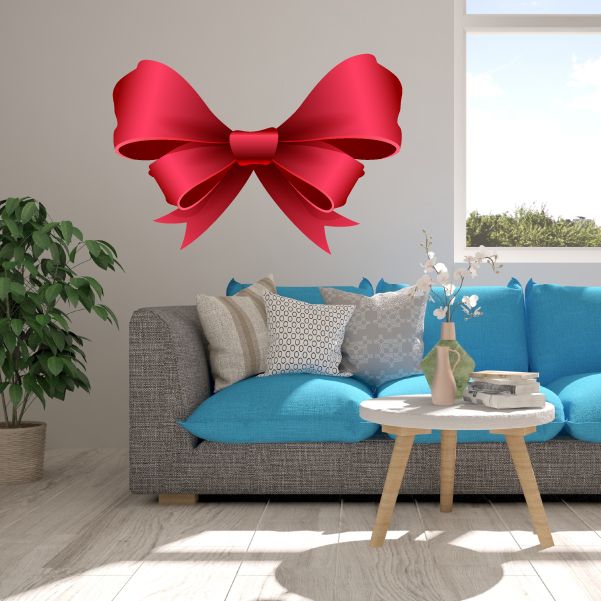 Red ribbon wall decal bow, glossy vinyl sticker with layered loops and bow knot