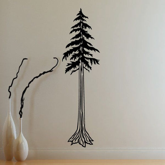 Sequoia tree vinyl wall decal with detailed trunk and roots, black outline
