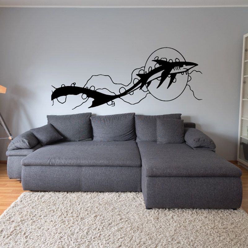 Reef shark and moon wall decal, black shark silhouette with circular moon and waves