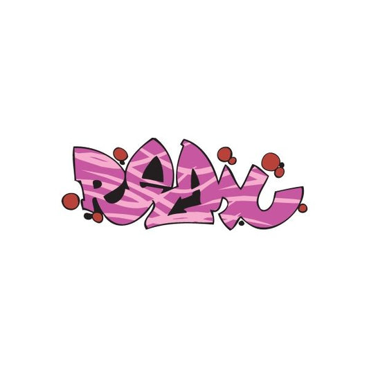 Graffiti sticker with purple-pink lettering and red dot accents, black fill