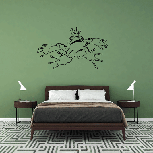 Relaxed frog prince wall decal in dark green, playful crown and lounging frog