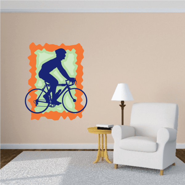 Cyclist wall sticker with helmet, blue rider on bicycle in orange frame