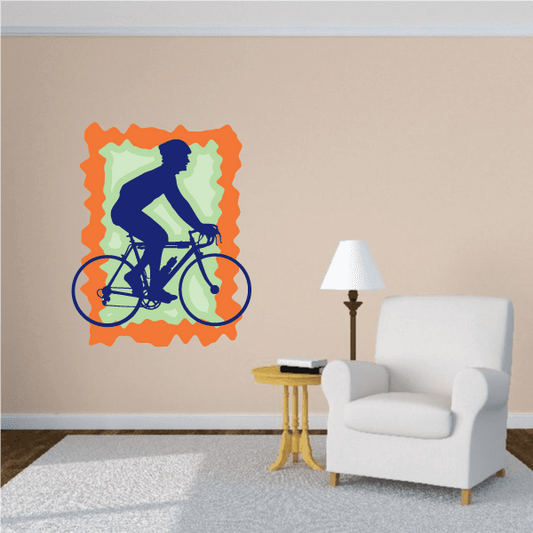 Cyclist wall sticker with helmet, blue rider on bicycle in orange frame