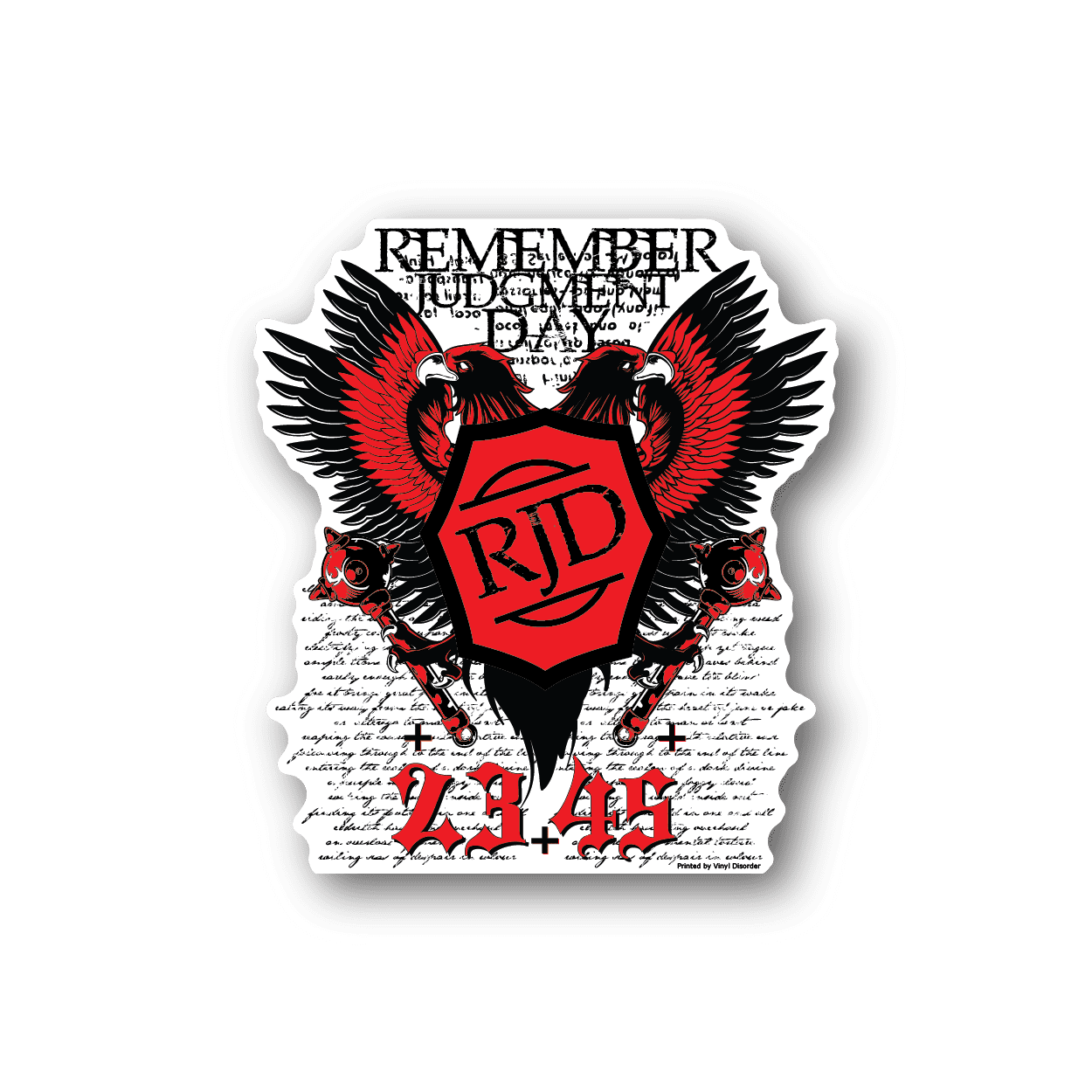 Vinyl sticker: red RJD shield with wings and skulls, 'Remember Judgement Day' text.
