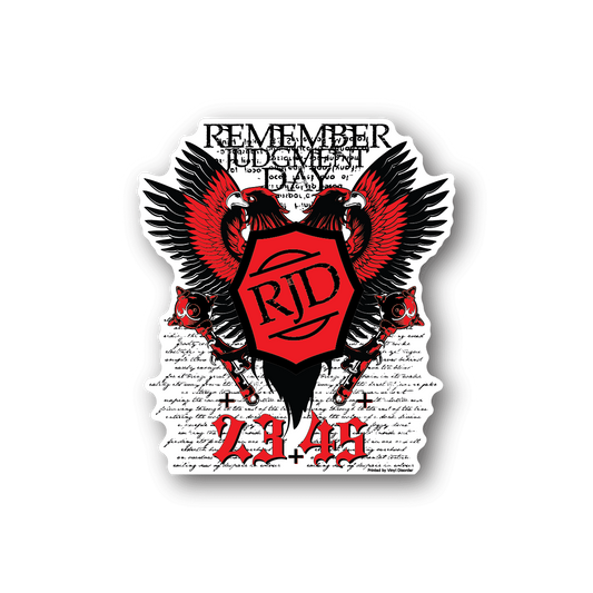 Vinyl sticker: red RJD shield with wings and skulls, 'Remember Judgement Day' text.