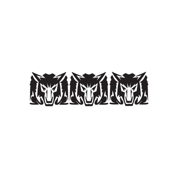 Repeated wolf head decal, black stylized repeating faces pattern
