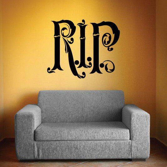 RIP wall decal sticker with ornate letters, black and gold