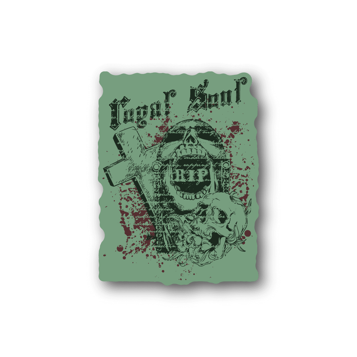 Square vinyl sticker with skull and roses graphic, dark gothic text on teal background