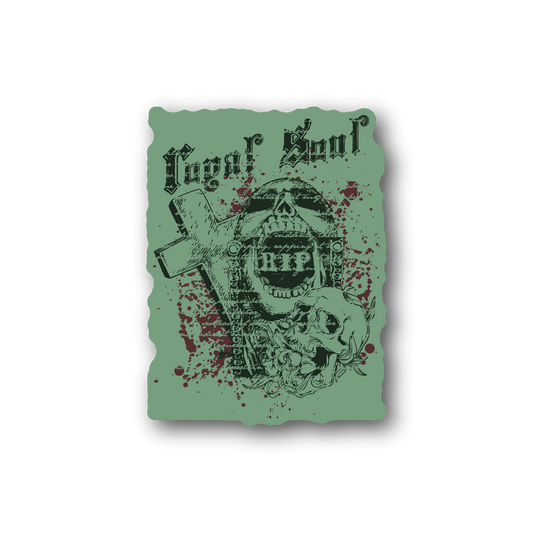 Square vinyl sticker with skull and roses graphic, dark gothic text on teal background