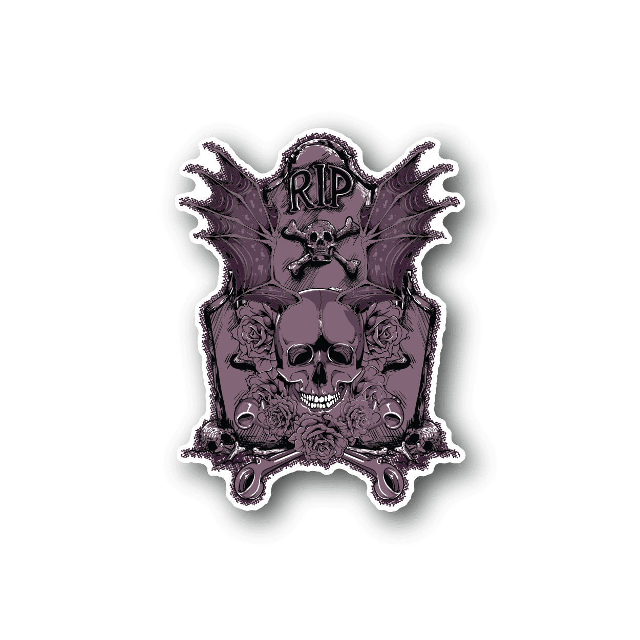 Tombstone vinyl sticker with purple RIP text, skull, and ornamental wings