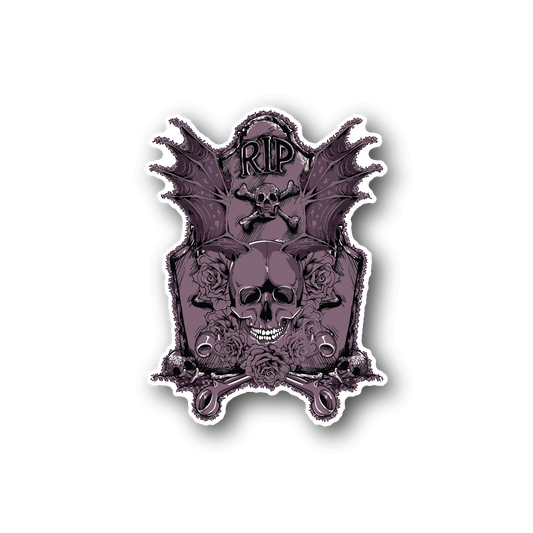 Tombstone vinyl sticker with purple RIP text, skull, and ornamental wings