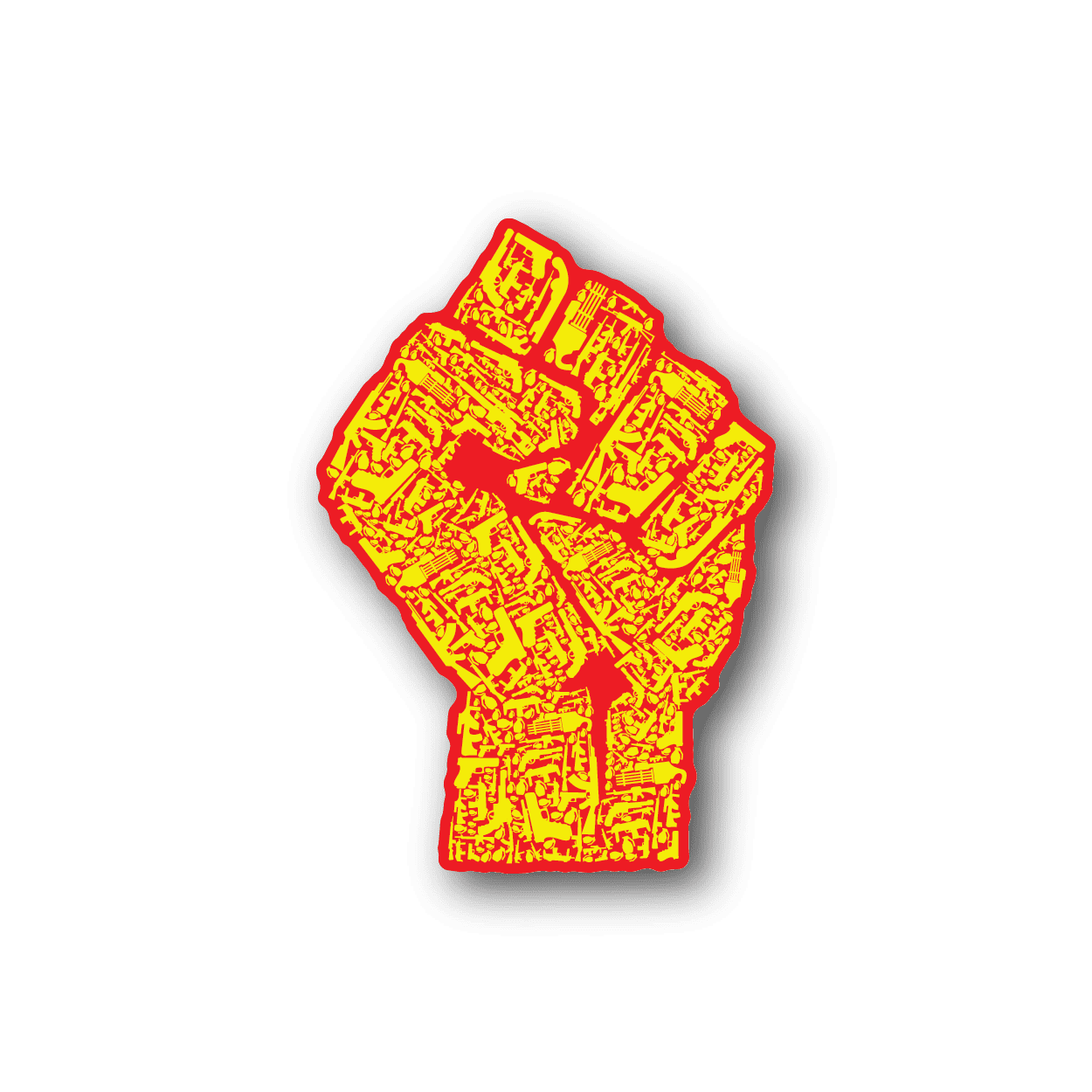 Vinyl sticker of a yellow-orange raised fist collage graphic