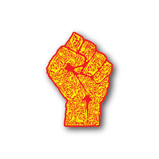 Vinyl sticker of a yellow-orange raised fist collage graphic