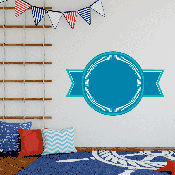 Turquoise ribbon badge vinyl wall decal with circular center and banner ribbons