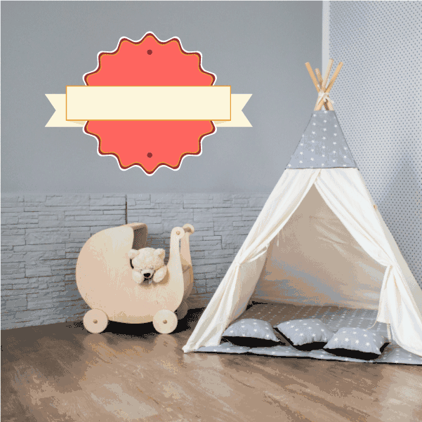 Ribbon badge wall decal vinyl sticker, coral badge with white ribbon banner