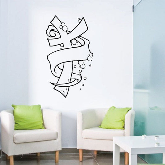 Vinyl wall decal of black line-art angel with wings and ribbon, with small circles