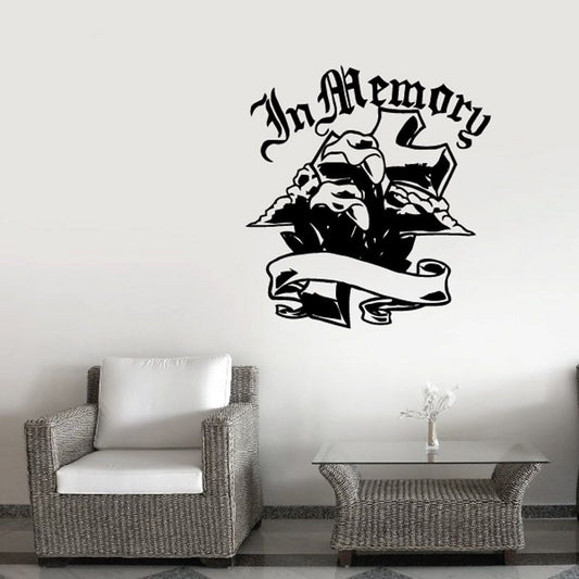 In memory wall decal with angel wings, cross, and ribbon banner in black
