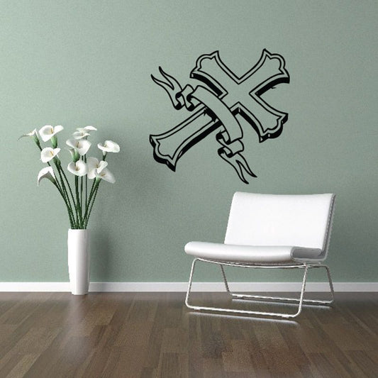 Vinyl wall decal of angel wings and cross with ribbon banner graphic
