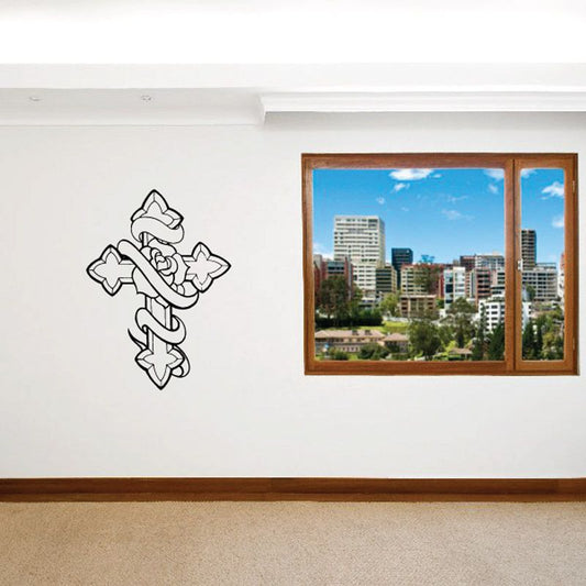 Angel wing and cross wall decal with ribbon accents
