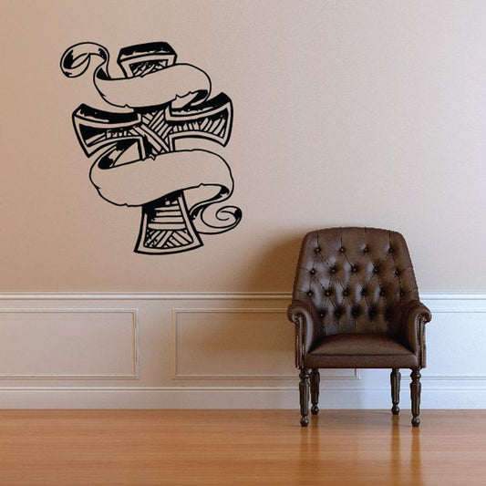 Angel wings and cross wall decal with ribbon banner, black vinyl design