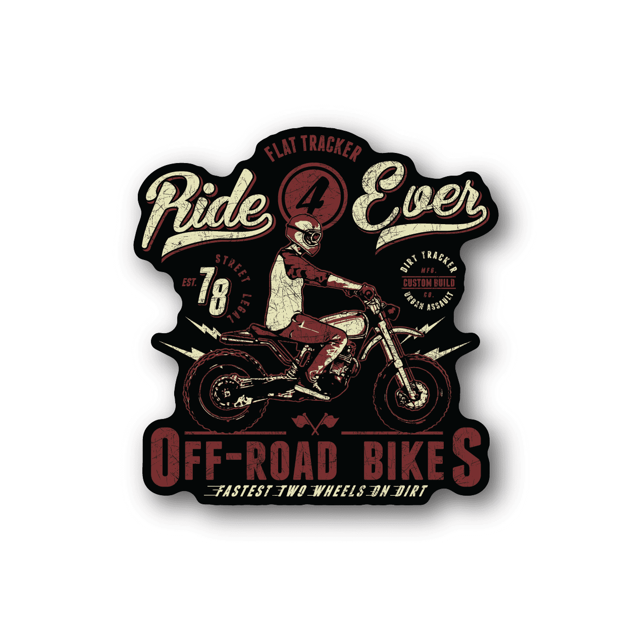 Dirt bike vinyl sticker with maroon motocross rider and Ride 4 Ever lettering