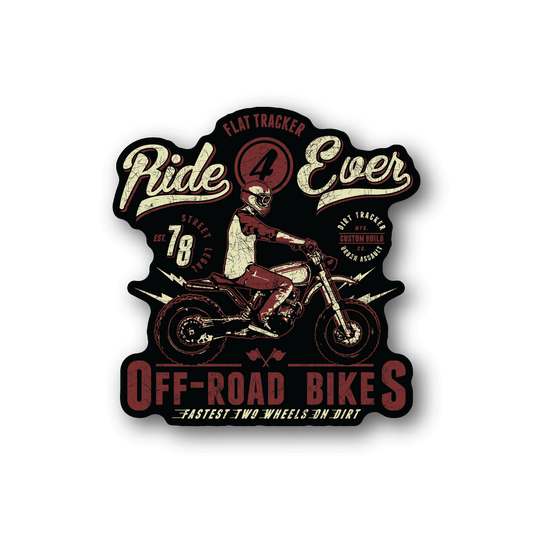 Dirt bike vinyl sticker with maroon motocross rider and Ride 4 Ever lettering
