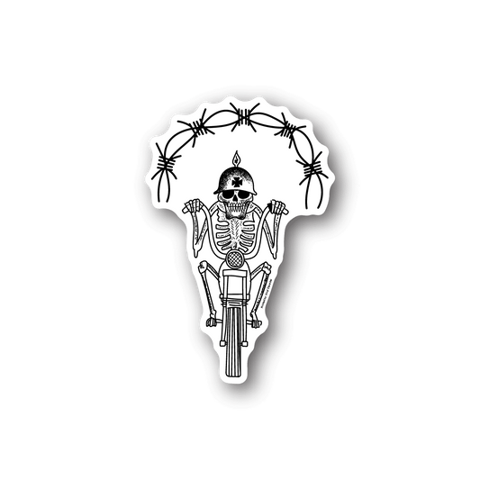 Dead skeleton motorcycle vinyl sticker, white skull on black outline