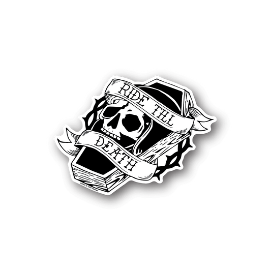 Vinyl sticker: black-and-white coffin skull with Ride Till Death text