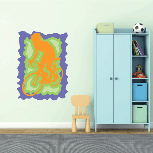Colorful rider on bike wall sticker with purple border