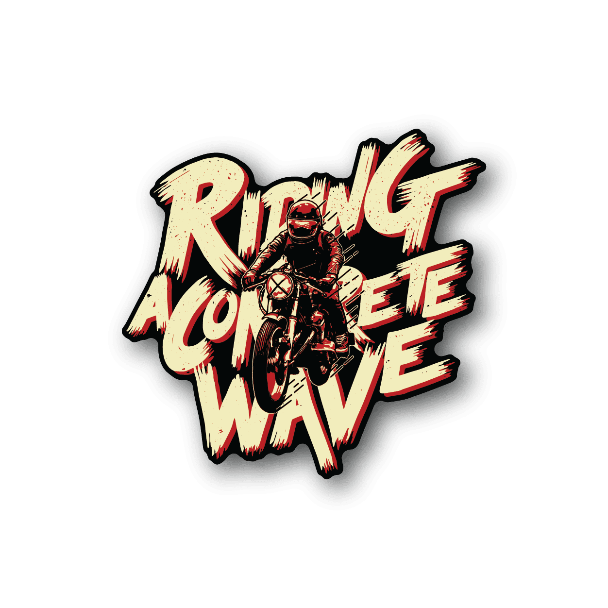 Motorcycle vinyl decal with illustrated rider and bold retro graffiti lettering