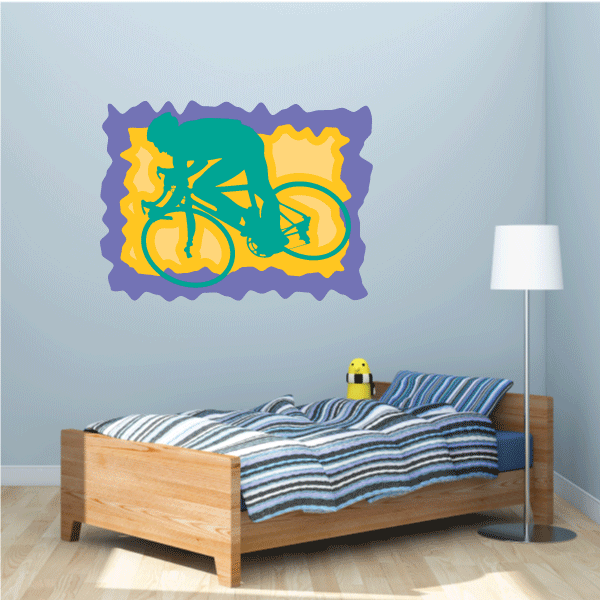 Bicycle cyclist sticker with colorful illustrated rider on a purple wavy border