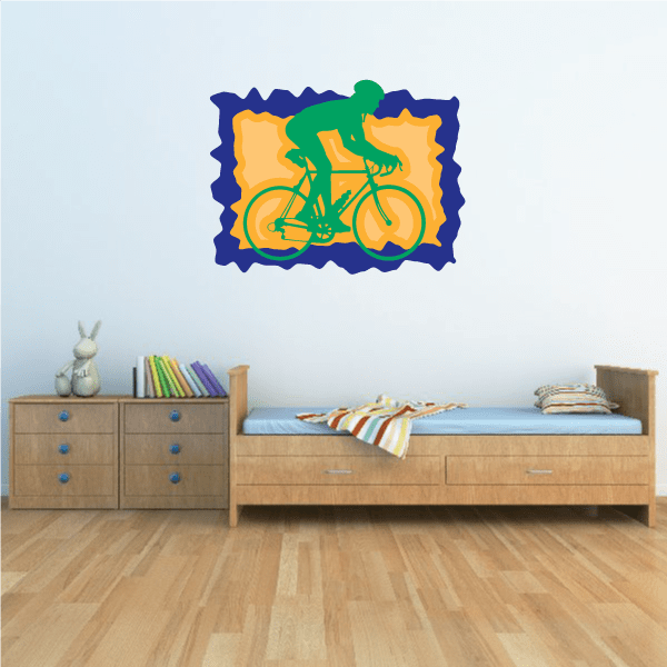Cyclist riding pose sticker, colorful blue border with green rider and yellow bike