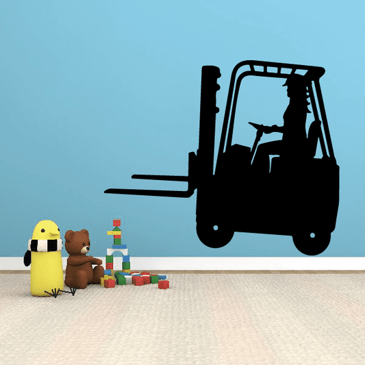 Black forklift telescopic decal silhouette with operator cab and forks