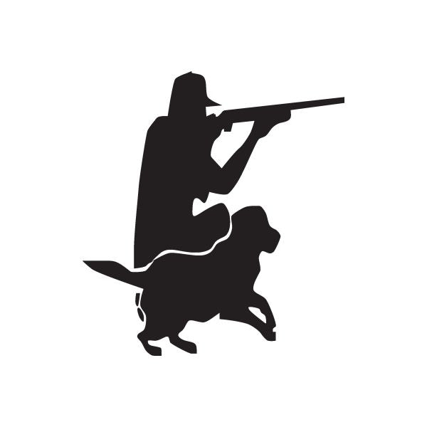 Black vinyl wall decal silhouette of hunter with rifle and dog
