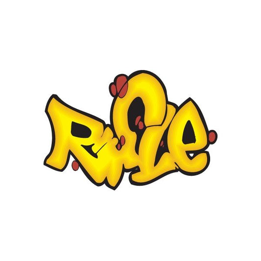 Graffiti-style yellow sticker with black outline and red accents, die-cut shape
