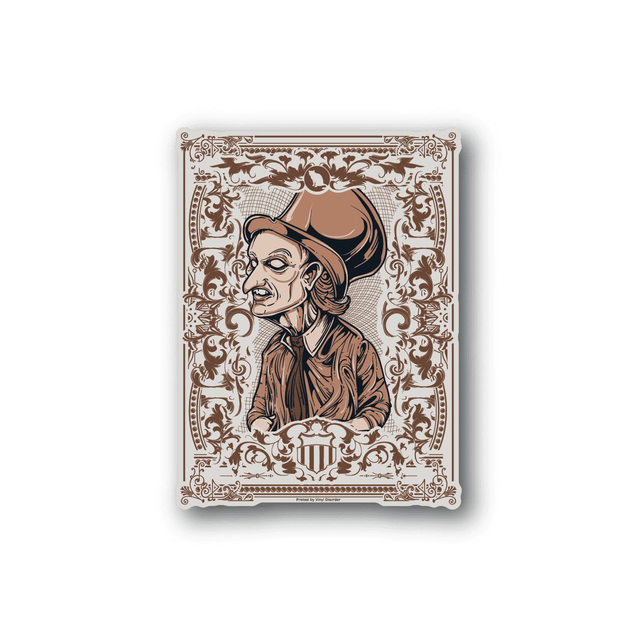 Vinyl sticker with vintage border and brown cartoon ringmaster portrait