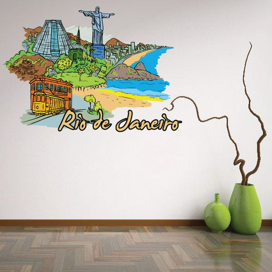 Rio de Janeiro sticker with skyline and Christ the Redeemer, blue ocean and beach