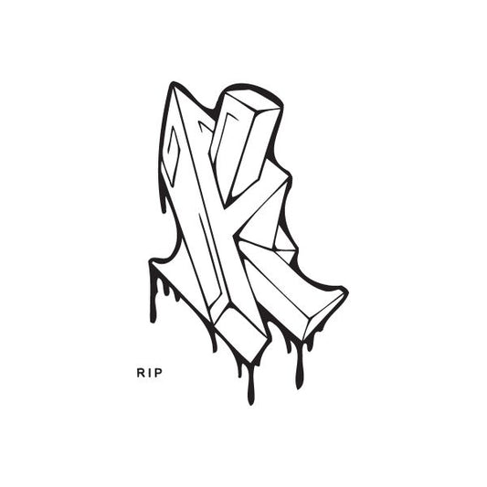 Graffiti decal with dripping RIP text, black-and-white street-art design