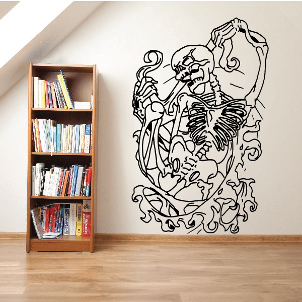 Wall decal: black ornate skeleton character with curled smoke lines