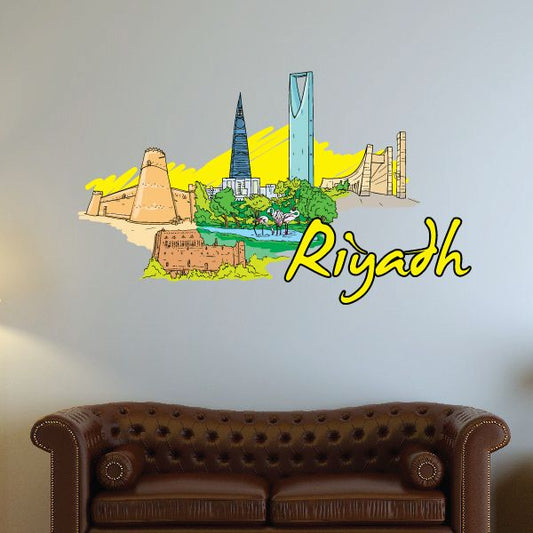 Riyadh skyline sticker with yellow background, green gardens, and cursive Riyadh