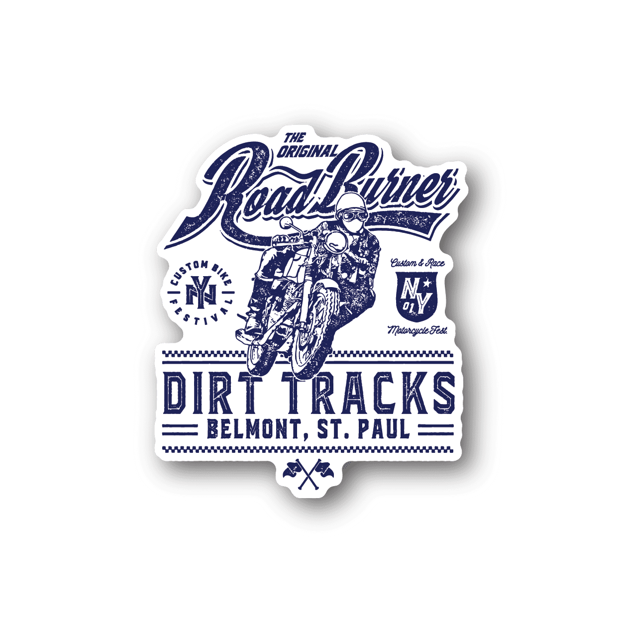 Dirt bike vinyl sticker with blue rider and bold “DIRT TRACKS” text badge