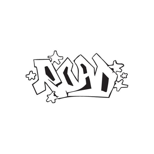 Graffiti road decal sticker with black and white tag lettering and star accents