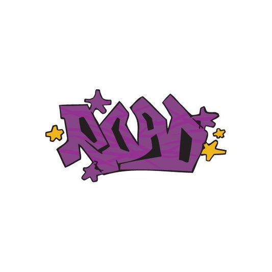 Road graffiti sticker, purple graffiti letters with star accents
