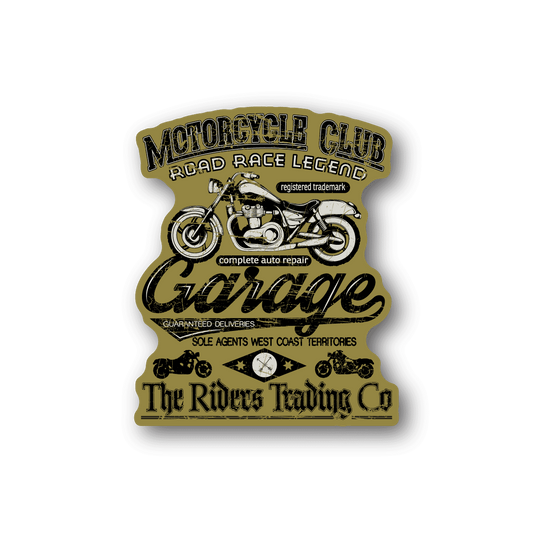 Garage vinyl sticker with motorcycle club logo and road race legend lettering